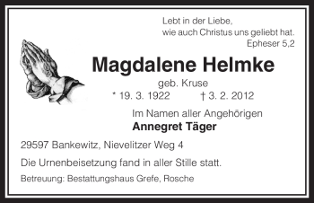 Traueranzeige von Magdalene Helmke von ALLGEMEINE ZEITUNG UELZEN