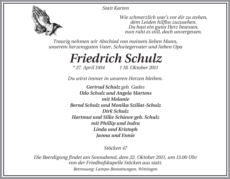  Traueranzeige für Friedrich Schulz vom 20.10.2011 aus ALLGEMEINE ZEITUNG UELZEN
