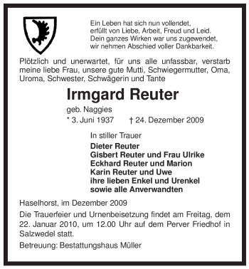 Traueranzeige von Irmgard Reuter von ALLGEMEINE ZEITUNG UELZEN