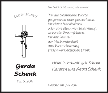 Traueranzeige von Gerda Schenk von ALLGEMEINE ZEITUNG UELZEN