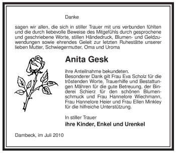 Traueranzeige von Anita Gesk von ALLGEMEINE ZEITUNG UELZEN