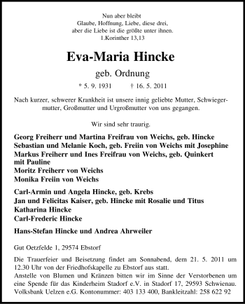 Traueranzeige von Eva-Maria Hincke von ALLGEMEINE ZEITUNG UELZEN