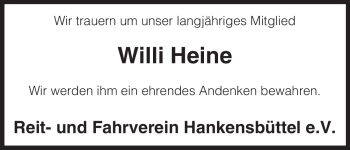 Traueranzeige von Willi Heine von ALLGEMEINE ZEITUNG UELZEN