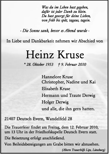 Traueranzeige von Heinz Kruse von ALLGEMEINE ZEITUNG UELZEN