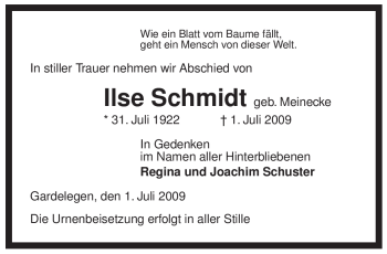 Traueranzeige von Ilse Schmidt von ALLGEMEINE ZEITUNG UELZEN