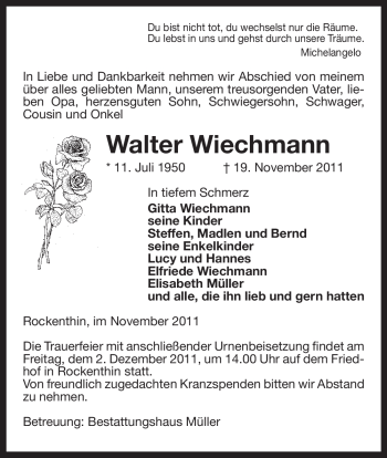 Traueranzeige von Walter Wiechmann von ALLGEMEINE ZEITUNG UELZEN