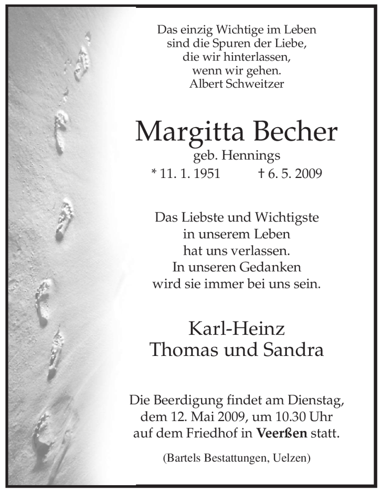  Traueranzeige für Margitta Becher vom 09.05.2009 aus ALLGEMEINE ZEITUNG UELZEN