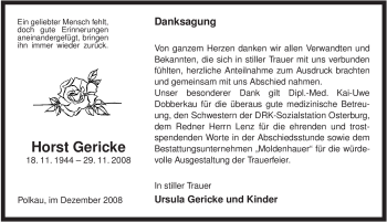 Traueranzeige von Horst Gericke von ALLGEMEINE ZEITUNG UELZEN