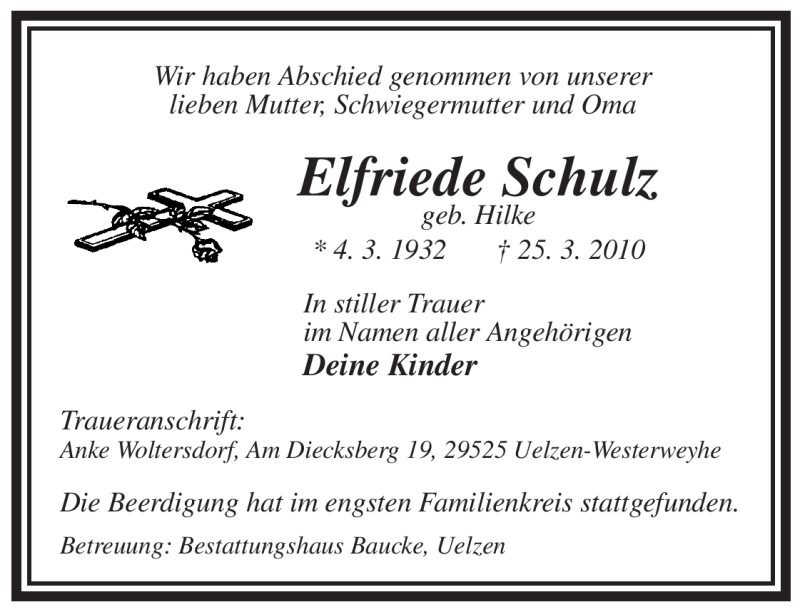  Traueranzeige für Elfriede Schulz vom 31.03.2010 aus ALLGEMEINE ZEITUNG UELZEN