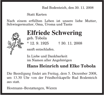 Traueranzeige von Elfriede Schwering von ALLGEMEINE ZEITUNG UELZEN