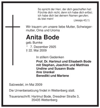 Traueranzeige von Anita Bode von ALLGEMEINE ZEITUNG UELZEN