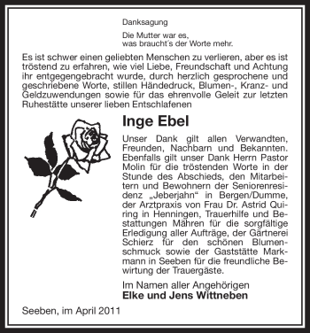 Traueranzeige von Inge Ebel von ALLGEMEINE ZEITUNG UELZEN