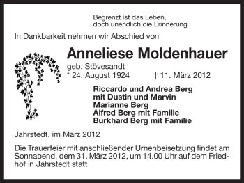 Traueranzeige von Anneliese Moldenhauer von ALLGEMEINE ZEITUNG UELZEN