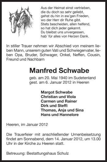 Traueranzeige von Manfred Schwabe von ALLGEMEINE ZEITUNG UELZEN