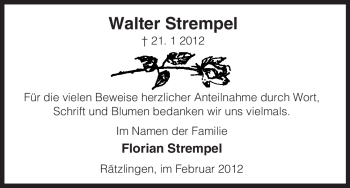 Traueranzeige von Walter Strempel von ALLGEMEINE ZEITUNG UELZEN