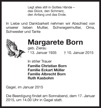 Traueranzeige von Margarete Born von Uelzen