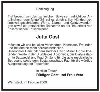 Traueranzeige von Jutta Gast von ALLGEMEINE ZEITUNG UELZEN