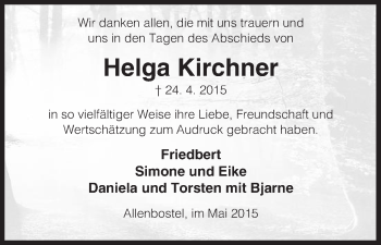 Traueranzeige von Helga Kirchner von Uelzen