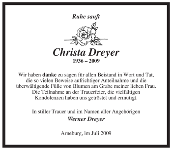 Traueranzeige von Christa Dreyer von ALLGEMEINE ZEITUNG UELZEN