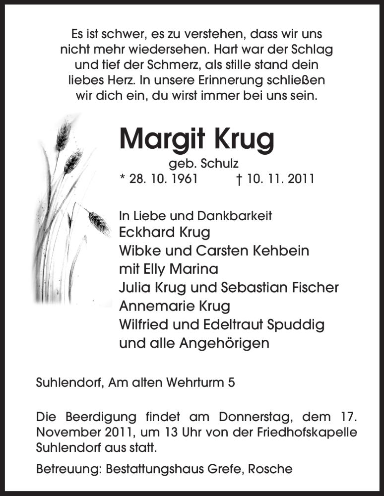  Traueranzeige für Margit Krug vom 12.11.2011 aus ALLGEMEINE ZEITUNG UELZEN