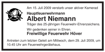 Traueranzeige von Albert Niemann von ALLGEMEINE ZEITUNG UELZEN