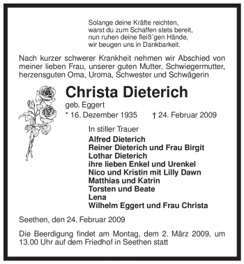 Traueranzeige von Christa Dieterich von ALLGEMEINE ZEITUNG UELZEN