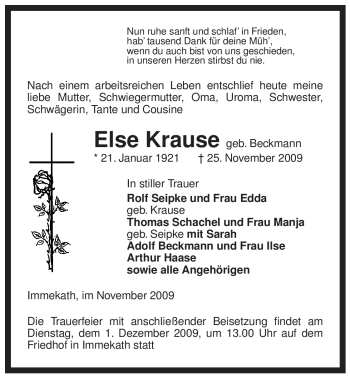 Traueranzeige von Else Krause von ALLGEMEINE ZEITUNG UELZEN