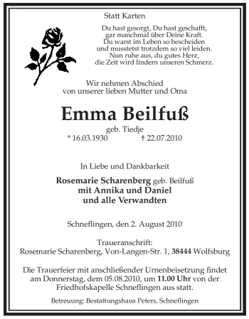 Traueranzeige von Emma Beilfuß von ALLGEMEINE ZEITUNG UELZEN