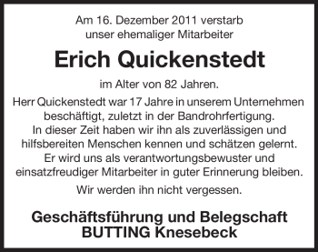 Traueranzeige von Erich Quickenstedt von ALLGEMEINE ZEITUNG UELZEN