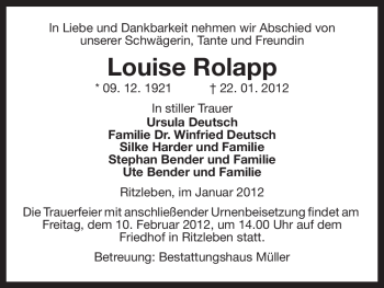 Traueranzeige von Louise Rolapp von ALLGEMEINE ZEITUNG UELZEN