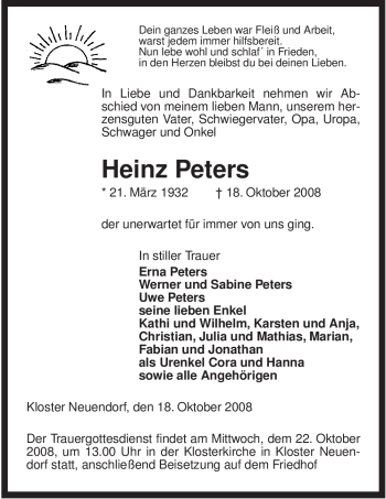 Traueranzeige von Heinz Peters von ALLGEMEINE ZEITUNG UELZEN