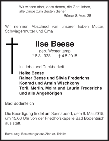 Traueranzeige von Ilse Beese von Uelzen