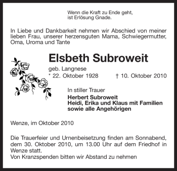 Traueranzeige von Elsbeth Subroweit von ALLGEMEINE ZEITUNG UELZEN