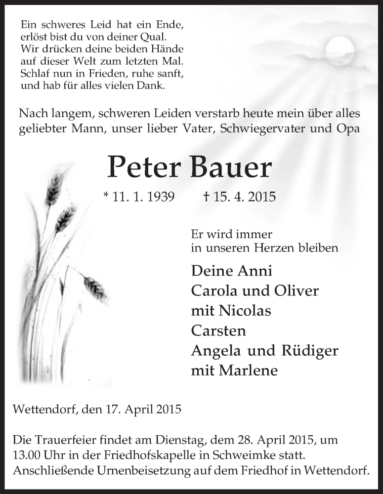  Traueranzeige für Peter Bauer vom 17.04.2015 aus Uelzen