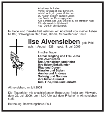 Traueranzeige von Ilse Alvensleben von ALLGEMEINE ZEITUNG UELZEN