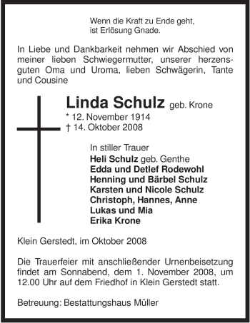 Traueranzeige von Linda Schulz von ALLGEMEINE ZEITUNG UELZEN