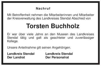 Traueranzeige von Torsten Buchholz von ALLGEMEINE ZEITUNG UELZEN