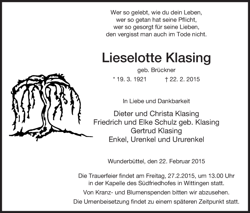  Traueranzeige für Lieselotte Klasing vom 25.02.2015 aus Uelzen