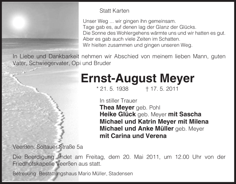  Traueranzeige für Ernst-August Meyer vom 18.05.2011 aus ALLGEMEINE ZEITUNG UELZEN