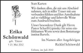 Traueranzeige von Erika Schönwald von ALLGEMEINE ZEITUNG UELZEN
