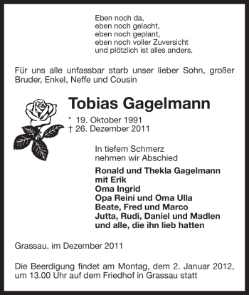 Traueranzeige von Tobias Gagelmann von ALLGEMEINE ZEITUNG UELZEN