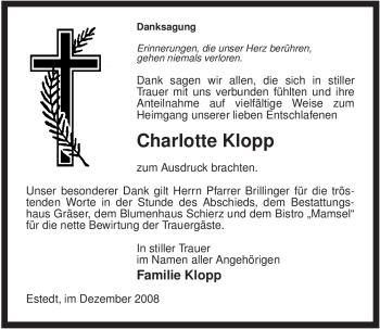 Traueranzeige von Charlotte Klopp von ALLGEMEINE ZEITUNG UELZEN