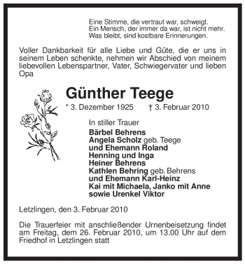 Traueranzeige von Günther Teege von ALLGEMEINE ZEITUNG UELZEN