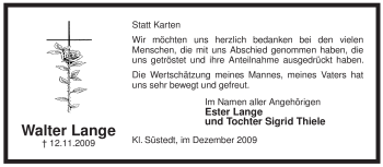 Traueranzeige von Walter Lange von ALLGEMEINE ZEITUNG UELZEN