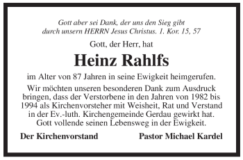 Traueranzeige von Heinz Rahlfs von ALLGEMEINE ZEITUNG UELZEN