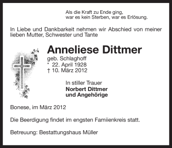 Traueranzeige von Anneliese Dittmer von ALLGEMEINE ZEITUNG UELZEN