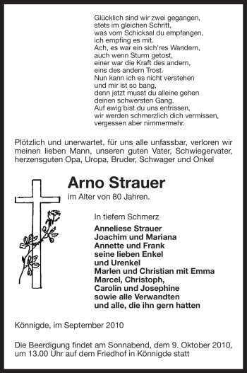 Traueranzeige von Arno Strauer von ALLGEMEINE ZEITUNG UELZEN