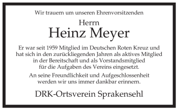 Traueranzeige von Heinz Meyer von ALLGEMEINE ZEITUNG UELZEN