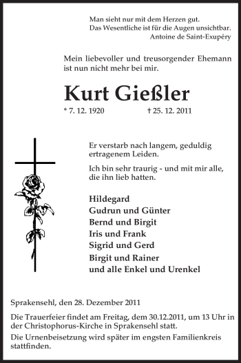 Traueranzeige von Kurt Gießler von ALLGEMEINE ZEITUNG UELZEN