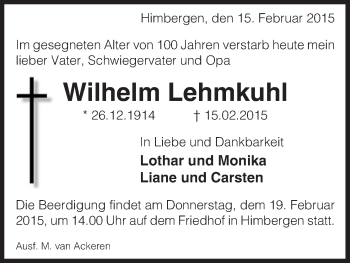 Traueranzeige von Wilhelm Lehmkuhl von Uelzen